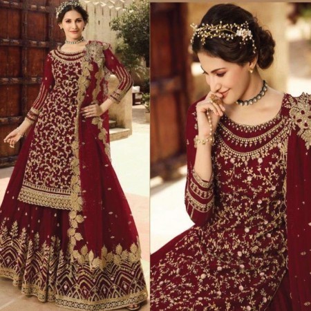 Party Wear ChiniGura Fabric Embroidered Sharara Suit