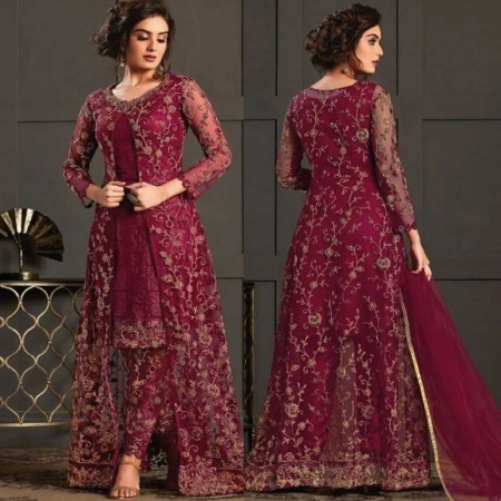 Jacket Style ChiniGura Fabric Embroidery Churidar Salwar Kameez