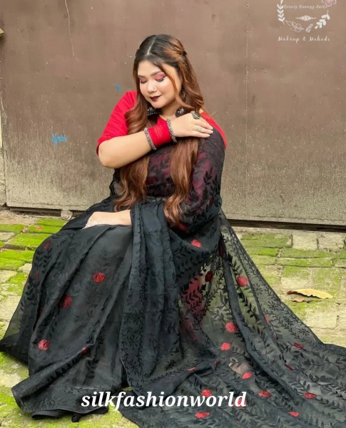 Rajshahi Muslin Silk Embroidery Work Saree With Attached Unstitched Blouse Piece